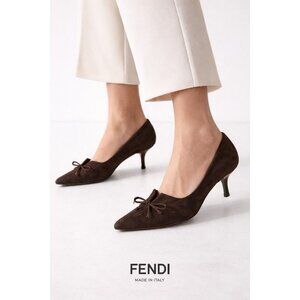 Fendi Brown Suede Pointed Toe Kitten Heel Pumps Bow Detail EU 40 US 9 Italy